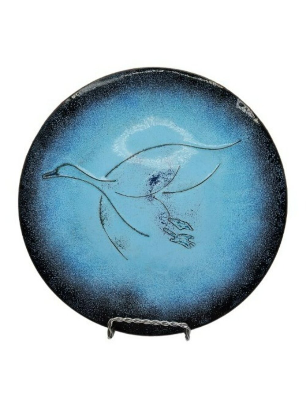 Vintage Enamel Over Copper 9 1/2" Plate Goose Bird In Flight Blue With Glitter